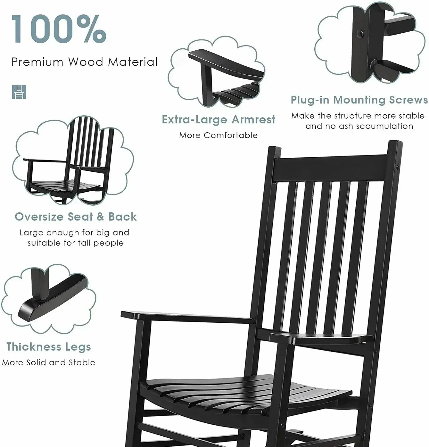 Houten Schommelstoel – Schommelstoel Binnen – Tuinstoel Schommel – Porch Rocker – Balkon Stoel – Duurzaam Dennenhout – Weerbestendige Matte Afwerking - QUORE