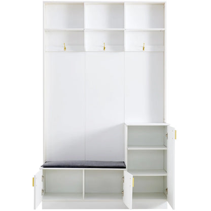 Houten Garderobekast – Halmeubel – Schoenenrek – Zitbank – Kapstok – Verstelbare Schoenenplank – Compacte Afmetingen 200x120x40 cm – Wit Spaanplaat
