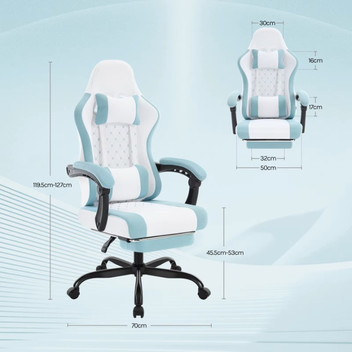 Gaming Stoel - Massage Gaming Stoel - Bureaustoel - Swivel Stoel - met Voetsteun - Hoofdsteun - Verstelbare - Rugleuning - Lendenkussen - Ergonomische - Draaibare - 70 x 70 x 127 cm - Wit & Blauw