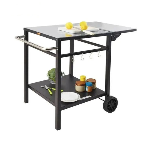 Eettafel met dubbele plank - BBQ verplaatsbare voedselbereidingstafel - opvouwbaar - pizza-ovenstandaard - tafelblad van ijzer/roestvrij staal - 56X56cm - QUORE