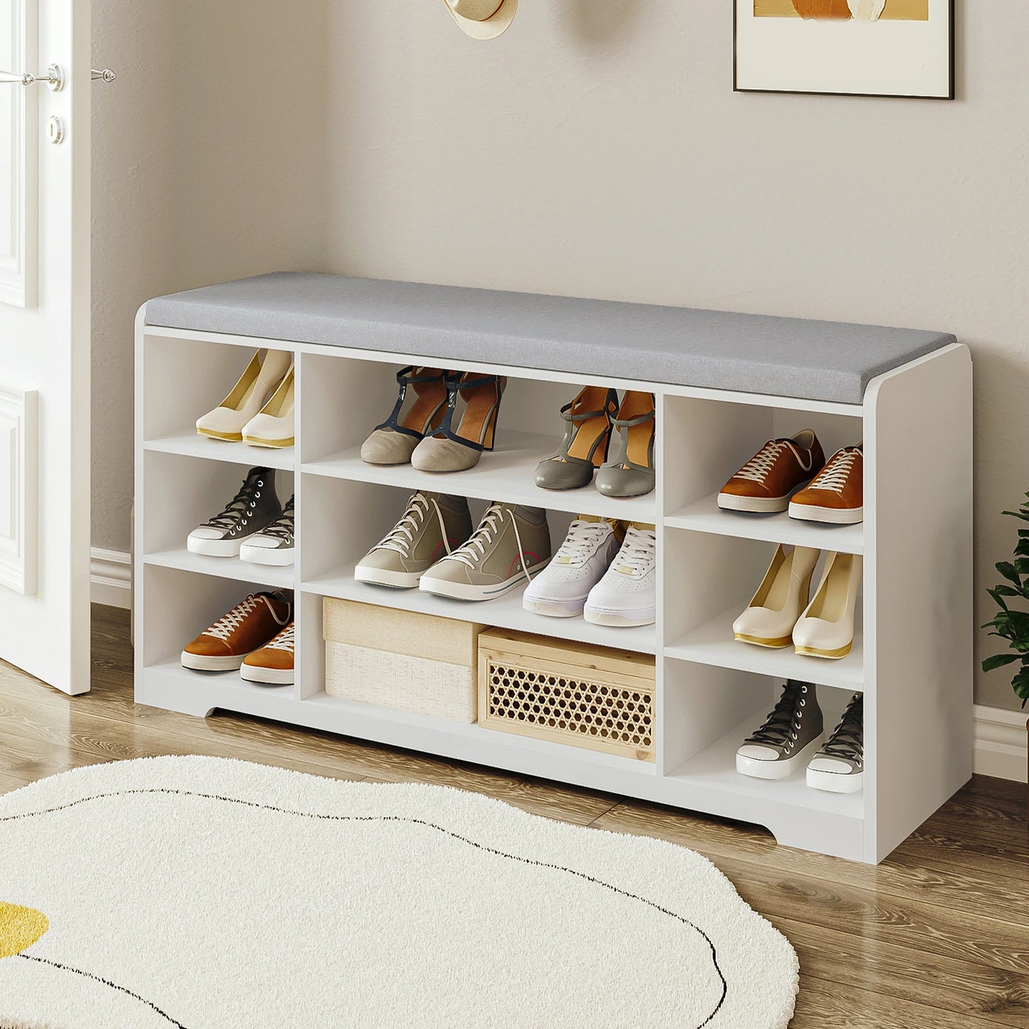 Schoenenbank met Zitvlak en Opbergkussen - Vintage Brown Schoenenrek - 9 Vakken - Verstelbare Planken - Minimalistisch Modern Meubel voor Woonkamer - 30 x 103 x 52,7 cm - QUORE