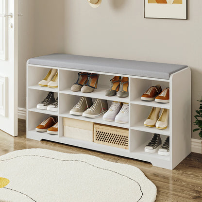 Schoenenbank - met Zitvlak en Opbergkussen - Schoenenrek met 9 Vakken - Verstelbare Planken - Minimalistisch Design - Opbergbank voor Woonkamer - Wit/Grijs - 30 x 103 x 52,7 cm - QUORE