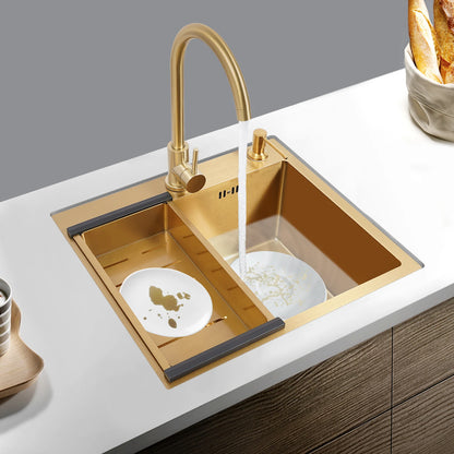 Gouden Spoelbak – Keukenspoelbak – RVS Spoelbak – Enkele Bak – Aanrechtspoelbak – Roestvrij Staal – 50x45x22 cm – Inclusief Kraan en Zeepdispenser - QUORE