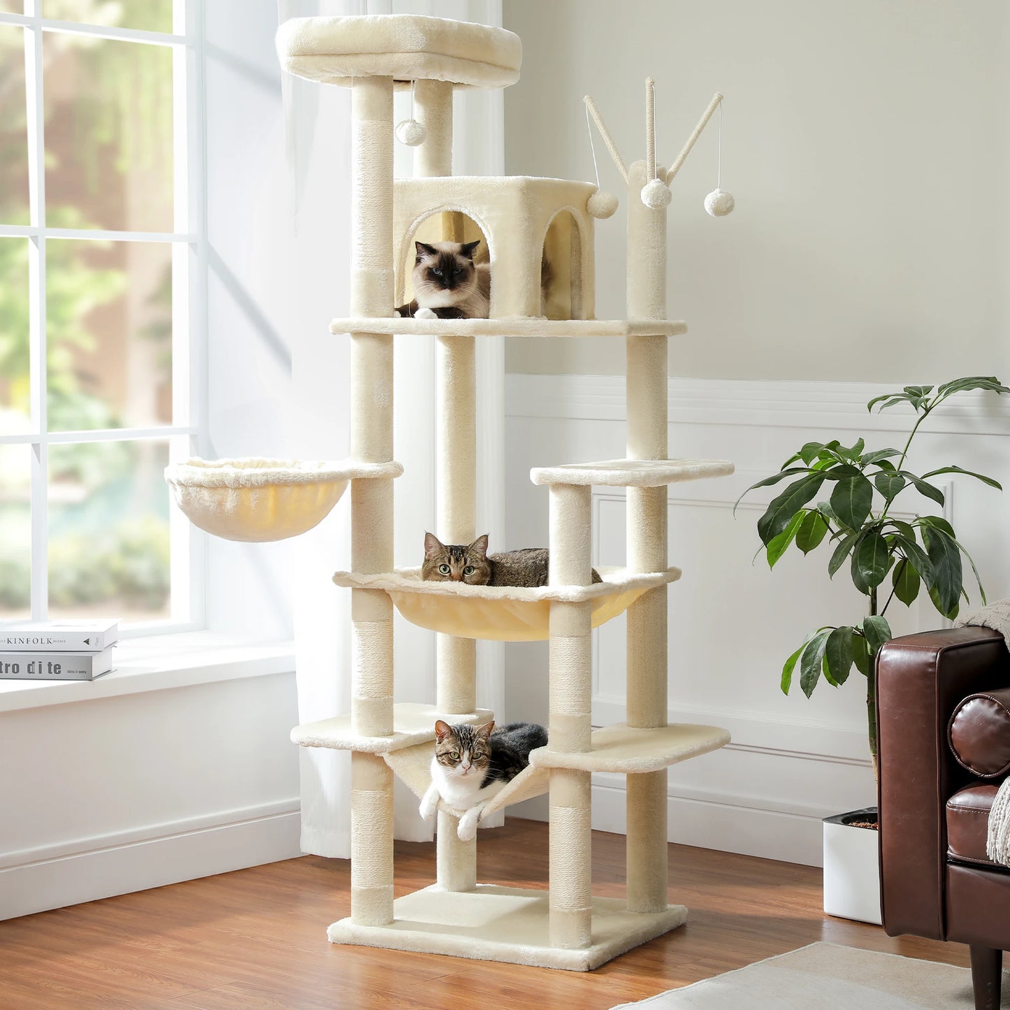 Krabpaal – Kattenboom – Kattenhuis – Kattenmand – Kattenmeubel – 175 cm Hoog – Hout Met Sisal Krabpalen