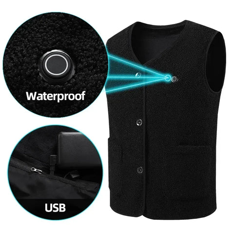 Heating Jacket - Heated Bodywarmer - Heated Clothing - 16 Areas Fleece Heated Vest - Unisex - USB Rechargeable - Electric Self-Heating Vest - Size XL - Black