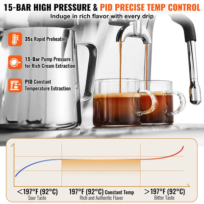 Espressomachine - Koffiemachine - Compact Koffiezetapparaat - 15 Bar - Halfautomatisch - met Stoompijpje - PID Temperatuurcontrole - 2,8L Waterreservoir - Voor Latte & Cappuccino