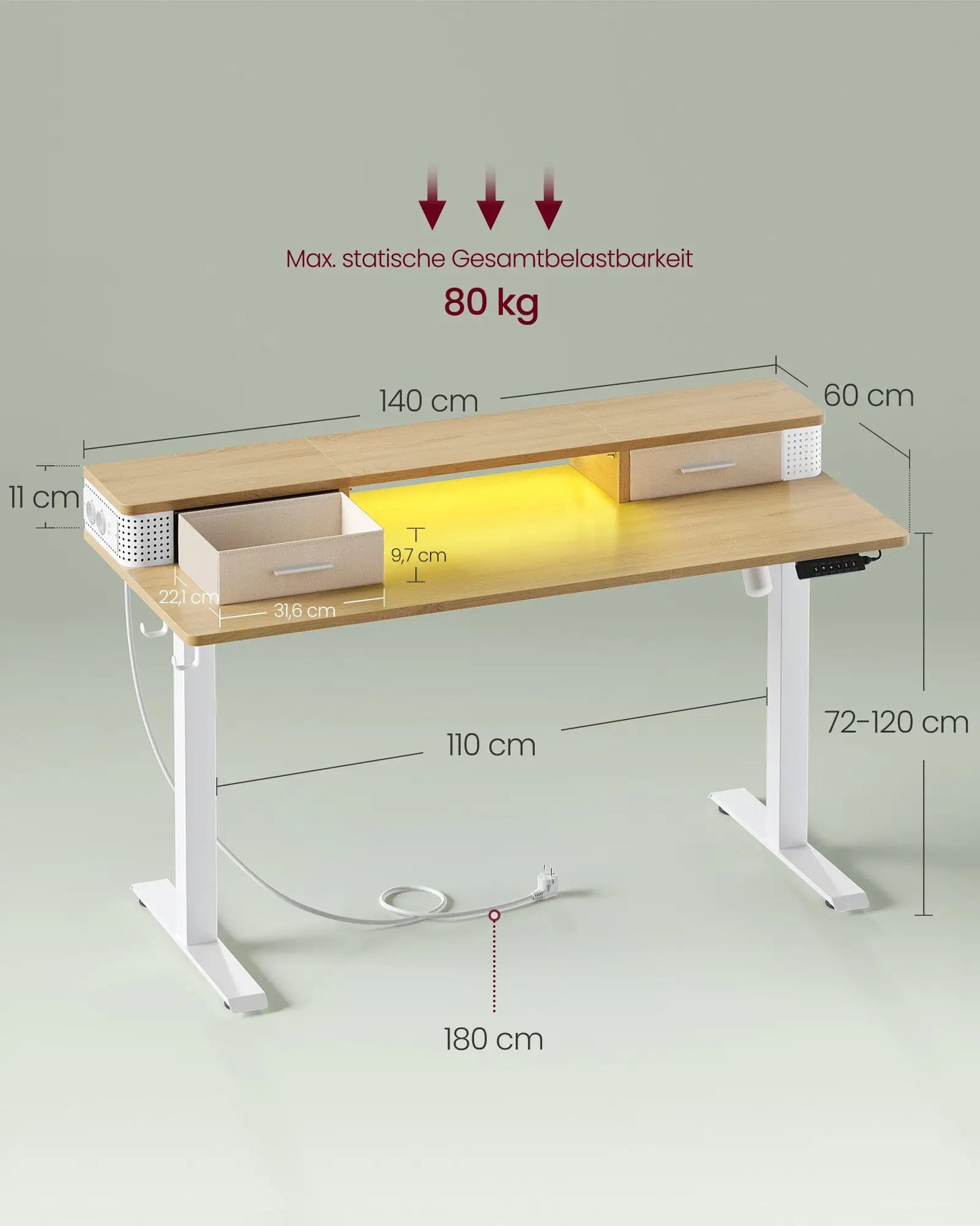 Elektrisch Sta-bureau - Hefbureau - Hoektafel - Monitorstandaard - Verstelbaar - met USB-oplaadpoort - voor Thuiskantoor - 50dB - 60 x 140 x 72-120 cm - Wit