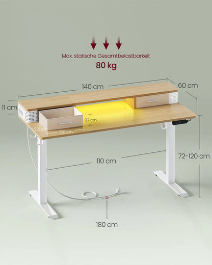 Elektrisch Sta-bureau - Hefbureau - Hoektafel - Monitorstandaard - Verstelbaar - met USB-oplaadpoort - voor Thuiskantoor - 50dB - 60 x 140 x 72-120 cm - Wit