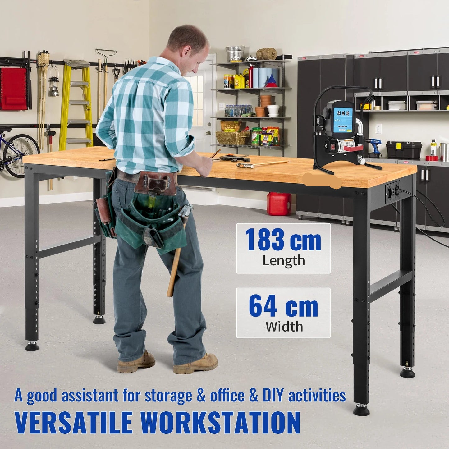 Werkbank – Verstelbare Werktafel – Hobbybank – Klusbank – Massief Eikenhout – Stalen Frame – 900 Kg Belastbaar - 48x24inch met Wielen