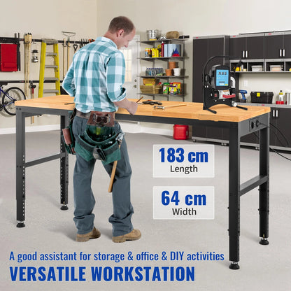 Werkbank – Verstelbare Werktafel – Hobbybank – Klusbank – Massief Eikenhout – Stalen Frame – 900 Kg Belastbaar - 48x24inch Zonder Wielen