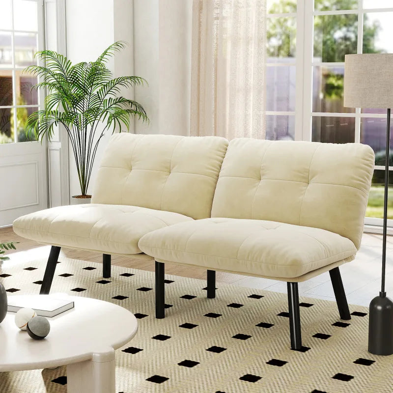 Cream-colored, foldable modern sofa bed – 2-seater futon couch with sleeping function, space-saving guest bed