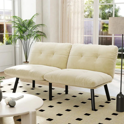 Cream-colored, foldable modern sofa bed – 2-seater futon couch with sleeping function, space-saving guest bed