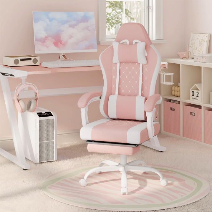 Gaming Stoel - Massage Gaming Stoel - Bureaustoel - Swivel Stoel - met Voetsteun - Hoofdsteun - Verstelbare - Rugleuning - Lendenkussen - Ergonomische - Draaibare - 70 x 70 x 127 cm - Wit & Roze