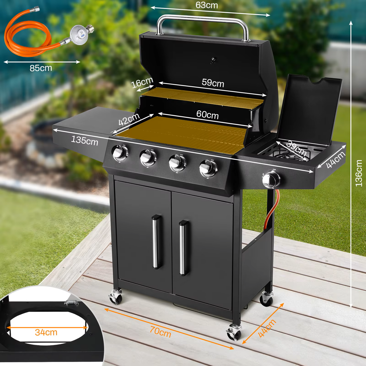 Gasbarbecue - BBQ-grill - Rookloze Barbecue - met Zijbrander - RVS Paneel - Thermometer - Groot Kookoppervlak - 52,000 BTU - 135 x 44 x 136 cm - Zwart