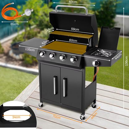 Gasbarbecue - BBQ-grill - Rookloze Barbecue - met Zijbrander - RVS Paneel - Thermometer - Groot Kookoppervlak - 52,000 BTU - 135 x 44 x 136 cm - Zwart