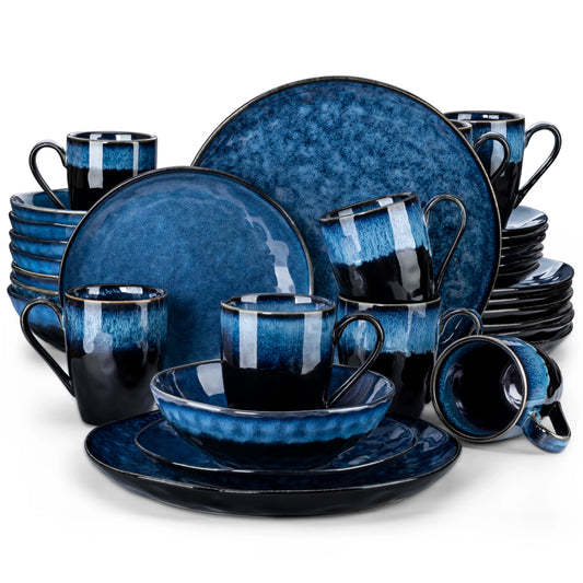 Servies - Servies set - 32 Stuks - Ovens Verandering -  Glazuur Porselein TablewareSet - met Diner Bord, Dessertplaat - Kom - Mok - Sterrenblauwe