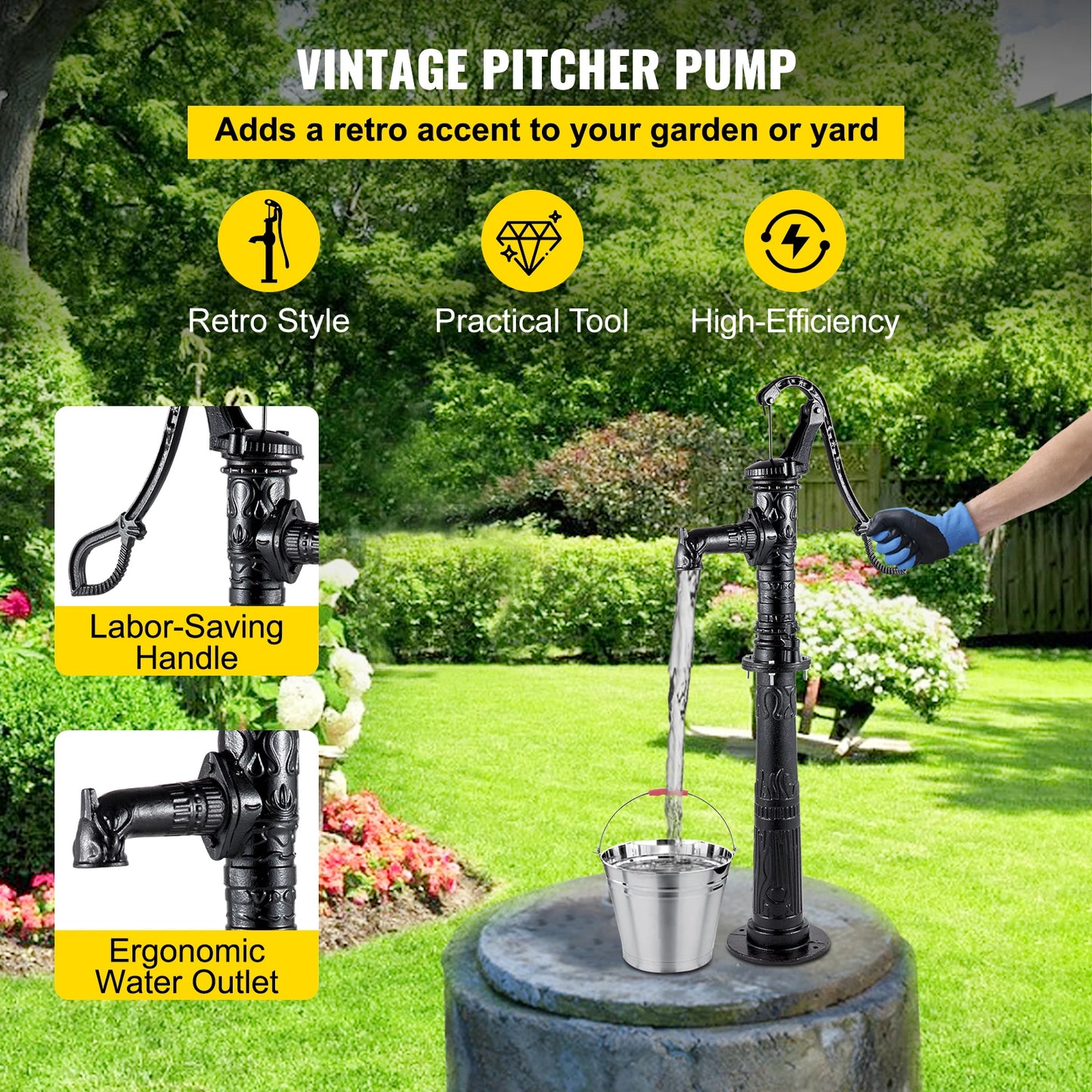 Handpomp – Tuinpomp – Gietijzeren Pomp – Waterpompset – Vintage Design – 67 Cm Standaard - QUORE