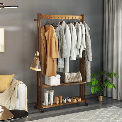 Bamboe Kledingrek - Kledingstandaard - Met-Wielen-Plank-Coatstand - Schoenenrek - Hout - Walnootkleur