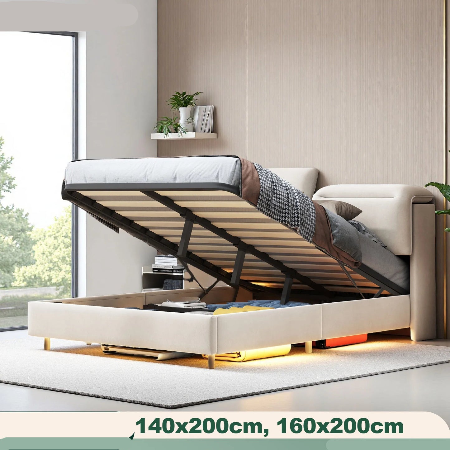 Bedframe – Gestoffeerd Bed – Tweepersoonsbed – Opbergbed – Slaapkamerbed – Fluweelbekleding – Hydraulisch Opbergvak