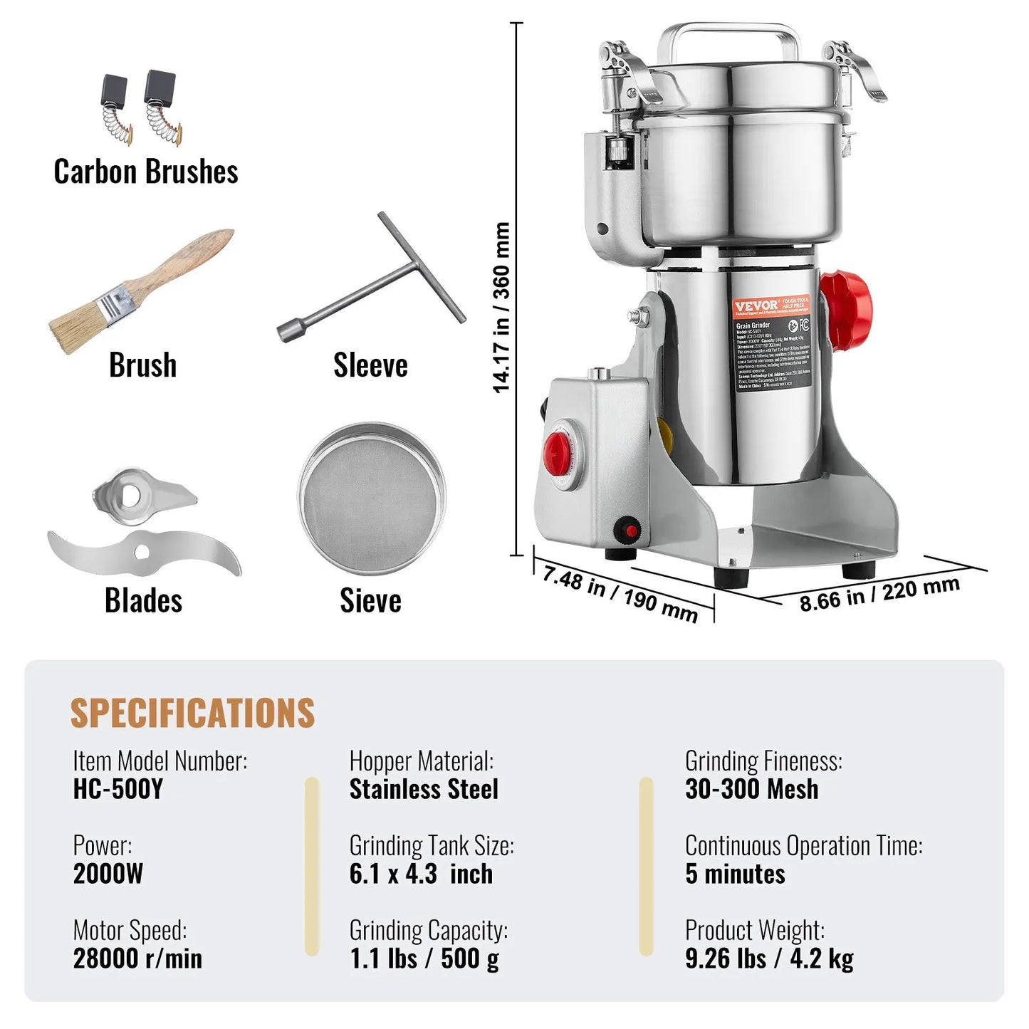 Kruidenmolen Elektrisch - Specerijenmolen - Graanmolen - Kruidenmaler - Elektrische Koffie Molen - Hoge snelheid commerciële slijpmachine - 500G - 2000W - 28000RPM - Zilver