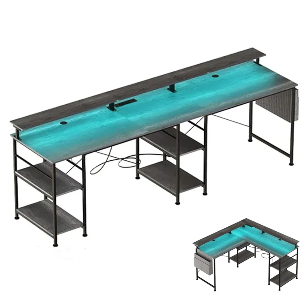 Bureau – Werkplektafel – Gamingbureau – Computerbureau – Studiebureau – Hoogwaardig Houten Materiaal – RGB Led-Verlichting - 140 x 140 x 85 cm - Lichtgrijs