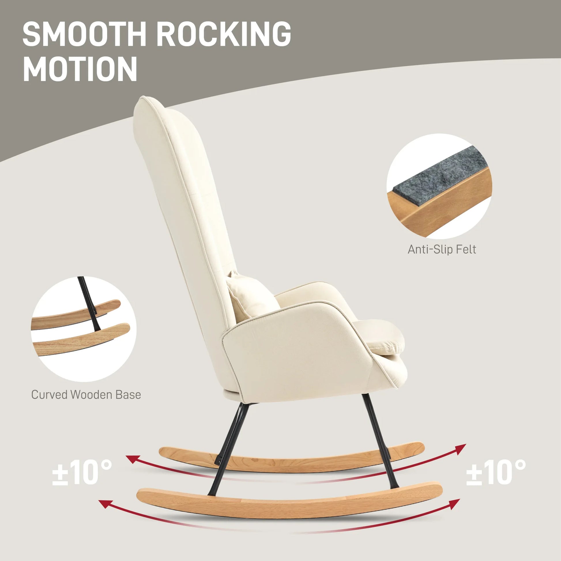 Schommelstoel – Relaxstoel – Loungestoel – Schommelzetel – Velours Bekleding – Ergonomische Rugleuning – Houten Poten - 67 x 85 x 112 cm - Crèmewit - QUORE