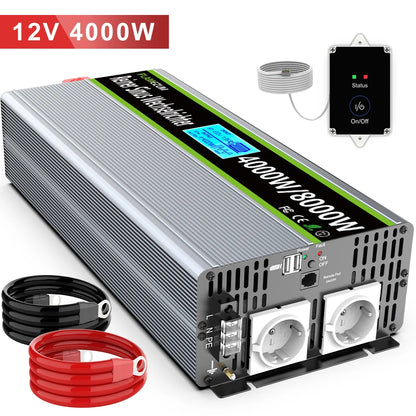 Omvormer – Spanningsomvormer – Inverter – Stroomomvormer – Converter – 4000W Continu Vermogen – Zuivere Sinusgolf Met Dual USB & Afstandsbediening - QUORE