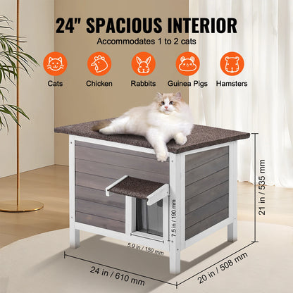 Kattenhuis - Kattenhok - Weerbestendig Houten - Geïsoleerd Buitenverblijf - voor Feral Katten - en Konijnen - Ruim en Veelzijdig - Grijs - 24inch