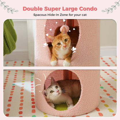 Kattenhuis - met 2 Verdiepingen - Binnen – Houten bed - met Afneembaar Bloemenkussen - Ruime Kattengrot - Hangspeeltje - Krabpaal - 73cm Hoog - Roze
