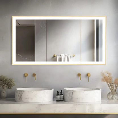 Groot Badkamerspiegel – Led Spiegel – Verlichte Spiegel – Wandspiegel – Kapspiegel – 140x70 cm – Goud Aluminium Frame – Anti-Condens Met Dimbare Driekleurverlichting
