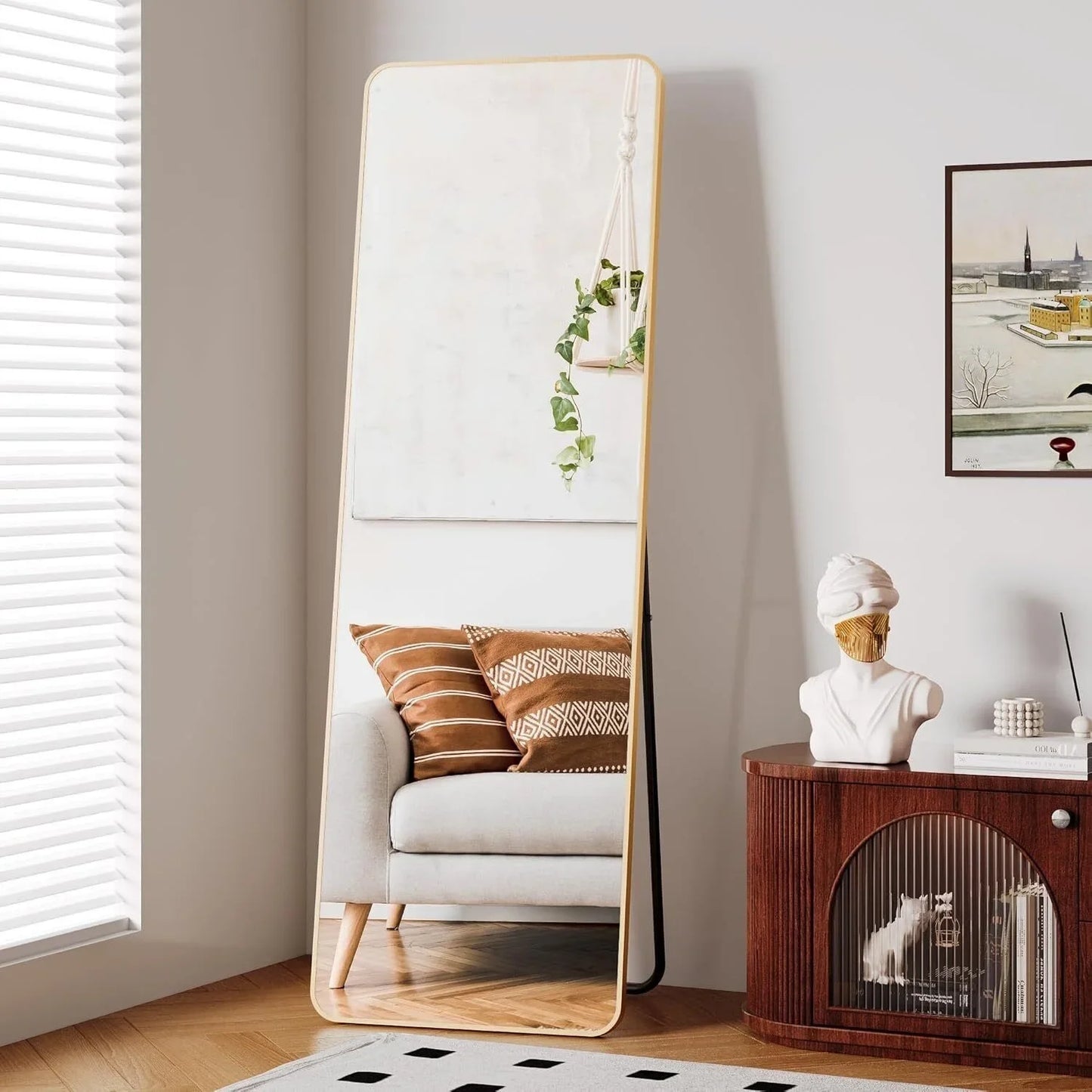 Spiegel - 162x53 cm – Spiegel Staand - Wandspiegel - Full Length - Rechthoekig Design - met Slanke Metalen Frame - Kristalhelder HD Glas - 3-in-1 Gebruik - Goud Gebogen - QUORE