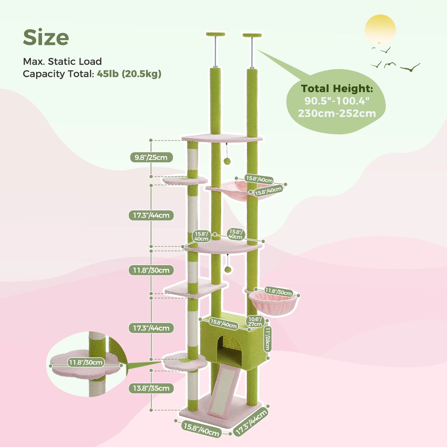 Kattenboom - Kitten Krabpaal - Katten Klimmuur - Sisal Krabpalen - Verstelbare Hoogte 230-255cm - Meerdere Verdiepingen - Cactus Floor to Ceiling - Arbre a Chat - Hangmatten - Groen