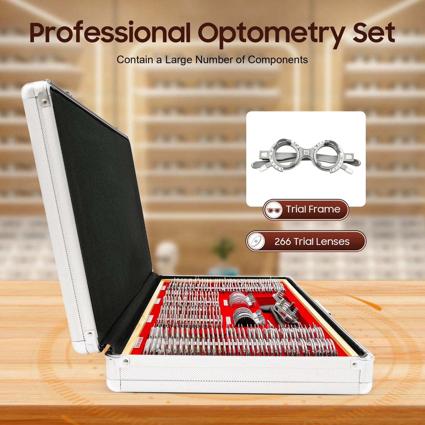 Professionele Optometrie Kit – Proefbril – Testbril – Trial Lenzen – Zichtmeter – 266 Testlenzen – Roestvrij Metalen Montuur