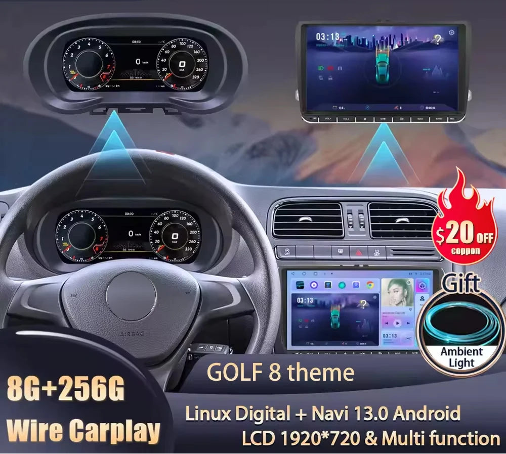 Digitaal Dashboard – Multimedia Display – Cockpit Paneel – Auto Dashboard – Navigatiescherm – 9 Inch HD IPS Scherm – Android 13.0 Systeem – Bluetooth 5.0 & Draadloze CarPlay – 8GB RAM 128GB Opslag – Speciaal Voor VW Polo 6R 2008-2016
