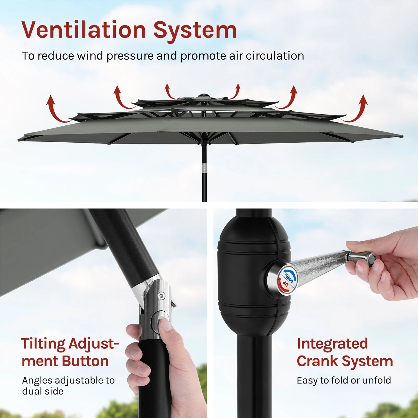 Parasol - Tuinparasol - Strandparasol - Zweefparasol - Balkon Parasol - Grote Parasol 292cm - met UV-bescherming, Kantelbaar en met 3 Ventilatieopeningen - Donkergrijs