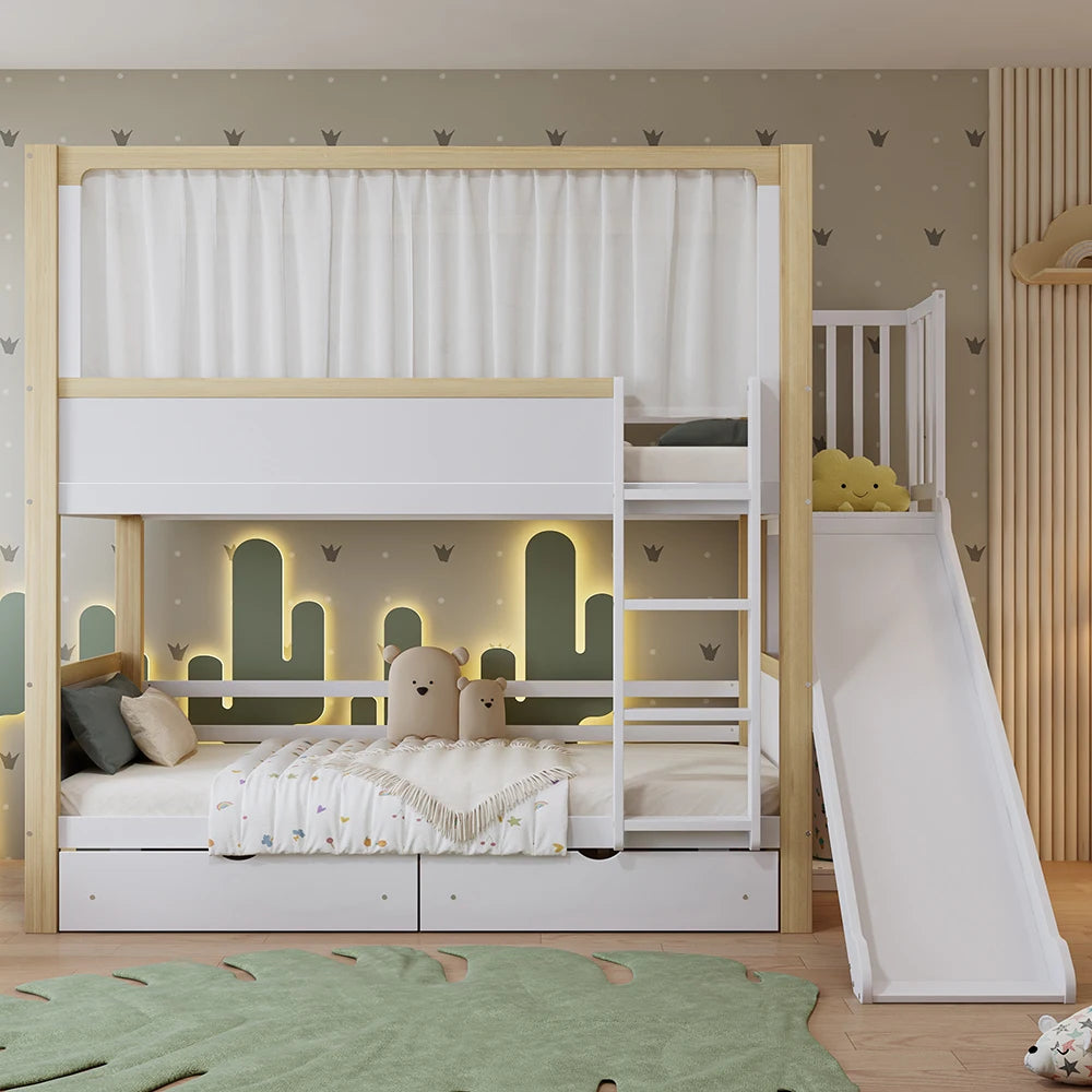 Kinderstapelbed – Stapelbed Kinderbed Bedbank Speelbed – Wit 90x200 cm – Glijbaan – Opberglades met Wieltjes