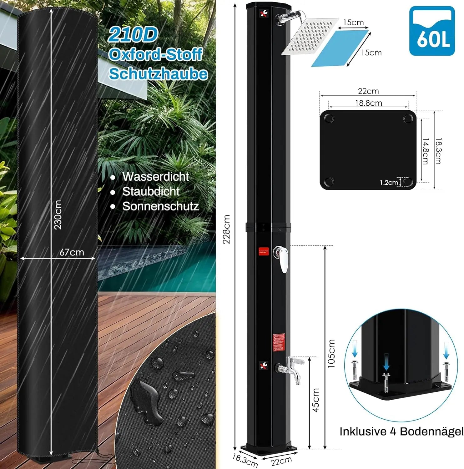 Buitendouche - Solar Buitendouche - 60L - Tuindouche - Buitendouche Zonneenergie - Vrijstaande 360° Douchekop met Voetkraan, Temperatuurregeling tot 60°C - Zwart en zilver - QUORE