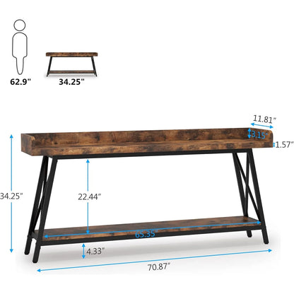 Extra Lange Sofa Tafel – Sofa Tafel Achterbank – Sidetable – Banktafel – Industriële Tafel – 180 cm Lang – Rustiek Houten Blad en Metaalframe