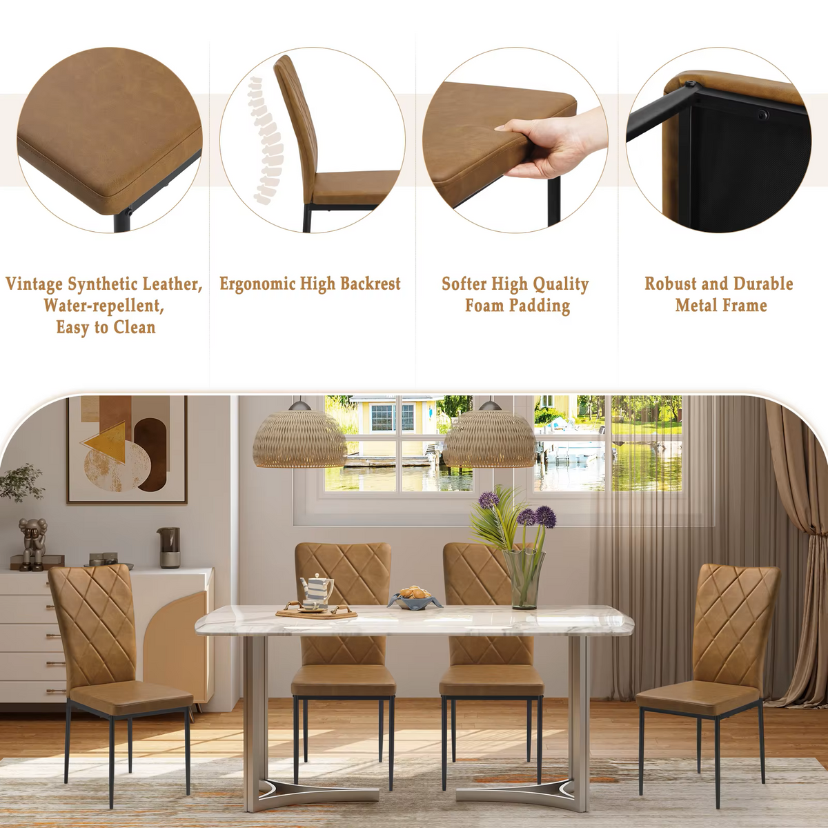 Stoel - Eetkamerstoelen - Set van 4 Leer Eetkamerstoelen - Ergonomisch - Metalen Poten - Hoge Rugleuning - Comfortabel & Stabiel – Voor Keuken - Eetkamer - 42x94.5x 59cm - Bruin Leer