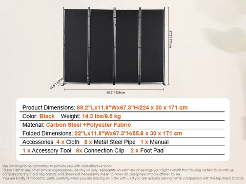 Kamerscherm - Scheidingswand - Scherm Partitie - Scheidingswand Kamerscherm - 4 panelen - In grootte & hoogte verstelbaar Vrijstaand - Opvouwbaar - voor kantoor - Thuis - Zwart