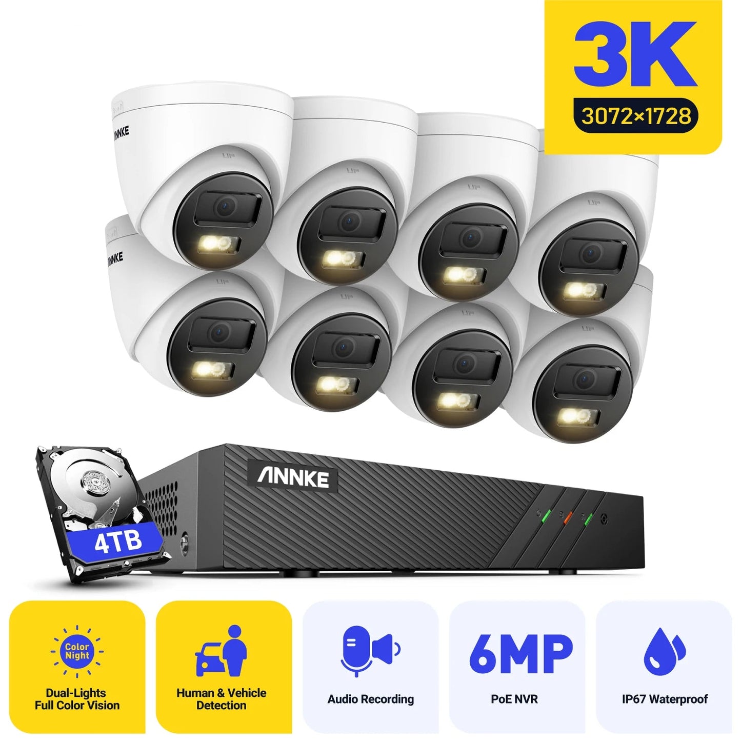 Beveiligingssysteem 8-kanaals NVR – IP Camera Set – Video Toezicht – Surveillance Cameras – PoE Beveiliging – 4TB Opslag – 6MP 3K Resolutie – Slimme Mens & Voertuig Detectie