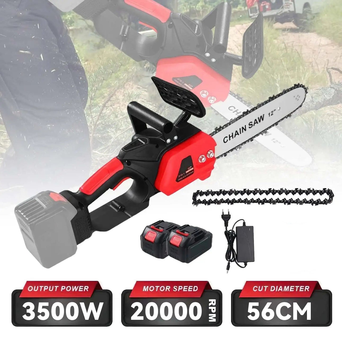 Elektrische Kettingzaag - Snoeizaag - Handzaag - Kettingzaag Accu - 12 Inch - 3500W - Borstelloze - voor Houtzagen - Snoeien - en Tuinonderhoud - 2 Accu