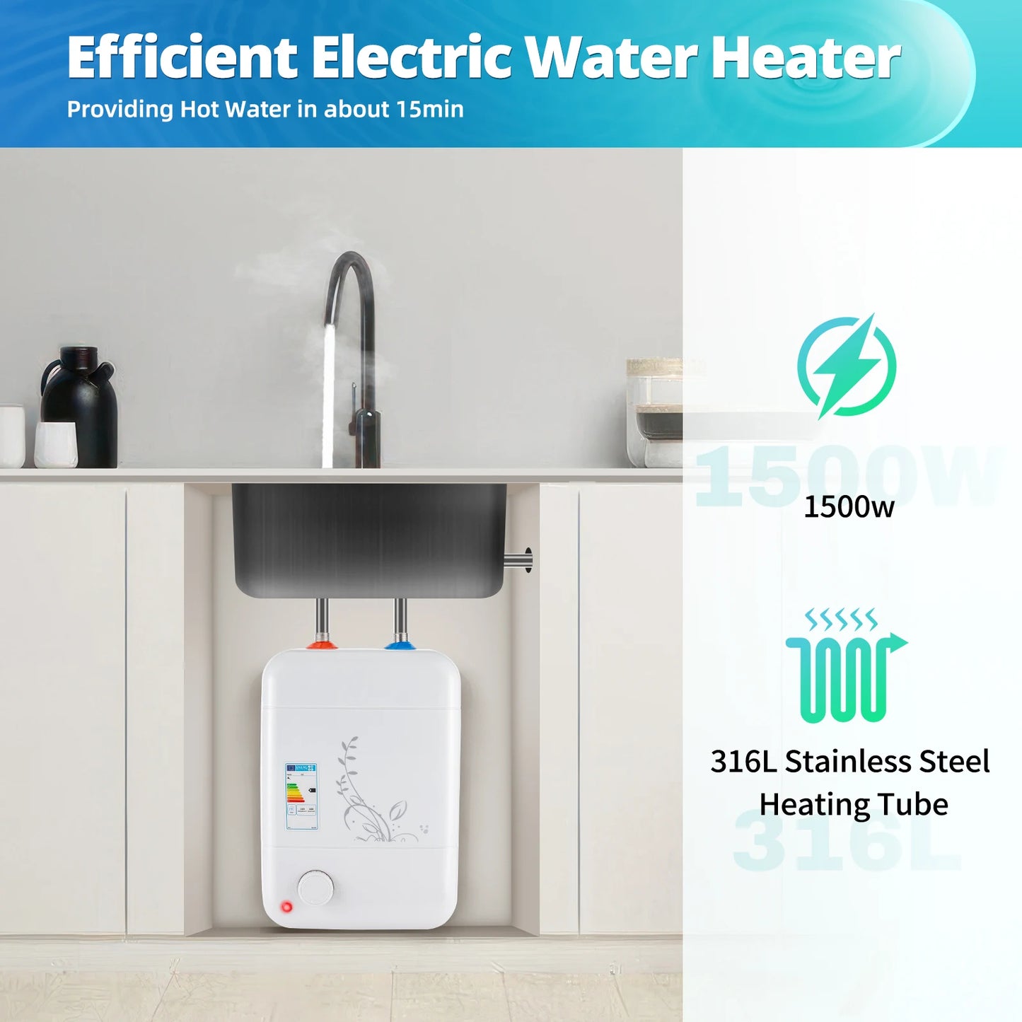 Onderbouw elektrische -  Doorstroomboiler -  Met temperatuurregelaar -Warmwaterapparaat voor -  Beperkte Ruimtes - 8L - 220V - Wit