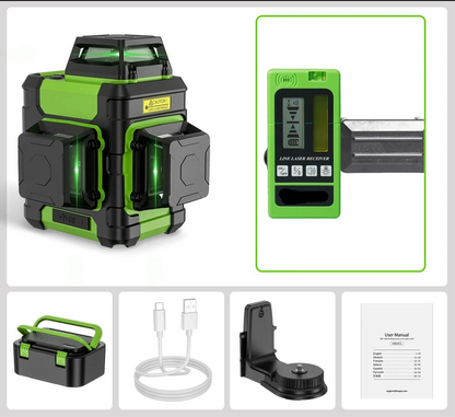 Laserwaterpas – Zelfnivellerend – Groene Laser – Waterpas Voor Klus – 12-Lijn 360° – USB-C Opladen – IP54 Spatwaterdicht - met Laserontvanger