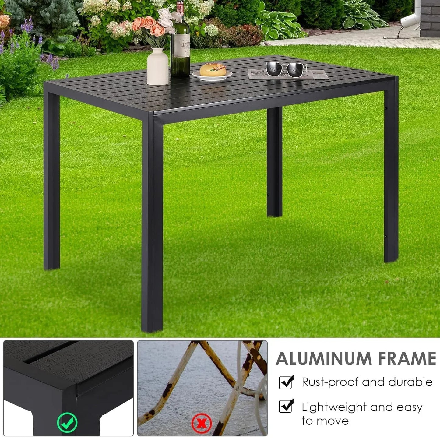 Tuintafel – Buitentafel – Terrastafel – Balkon tafel – Aluminium Tuinmeubel – Weerbestendig WPC Tafelblad – Lichtgewicht Aluminium Frame - 10 Borden Tafelblad