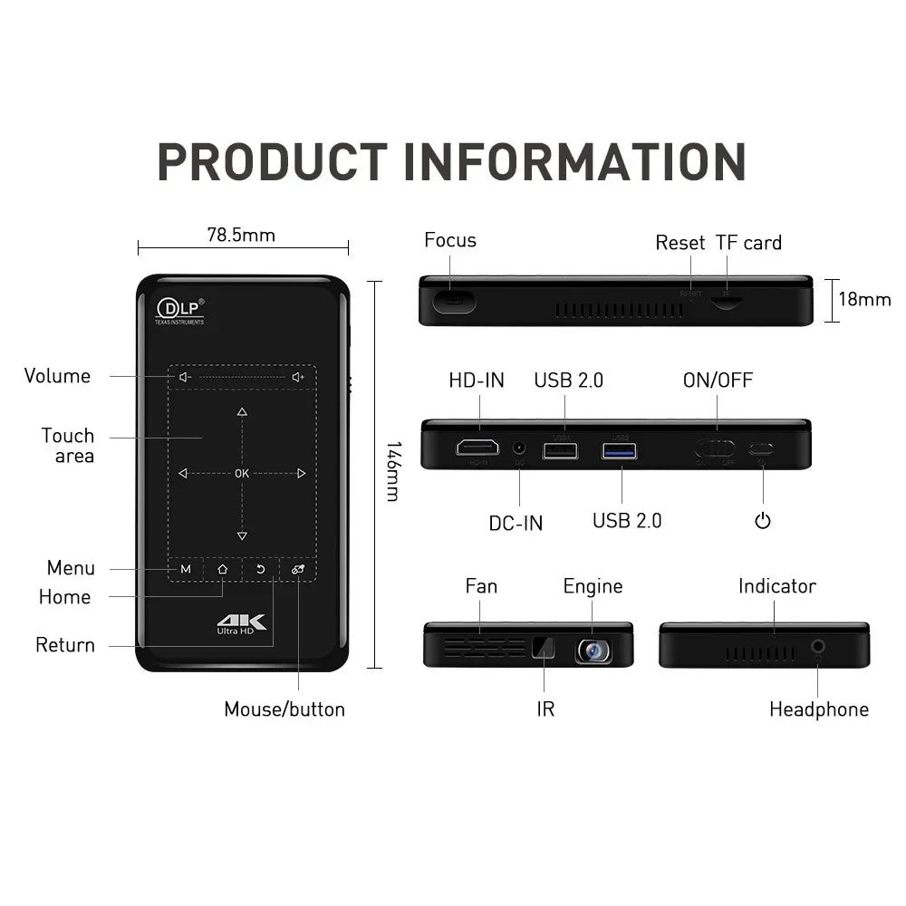 DLP P09-II - Beamer - Projector Beamer - Mini Meamer - 3DLP - Full HD 1080P 4k - 5W - 854x480dpi - Automatische focus - met WiFi - 50 ANSI Lumens - 5000mAh - Zwart - QUORE