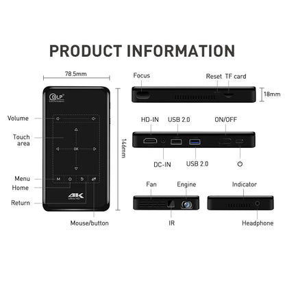 DLP P09-II - Beamer - Projector Beamer - Mini Meamer - 3DLP - Full HD 1080P 4k - 5W - 854x480dpi - Automatische focus - met WiFi - 50 ANSI Lumens - 5000mAh - Zwart - QUORE