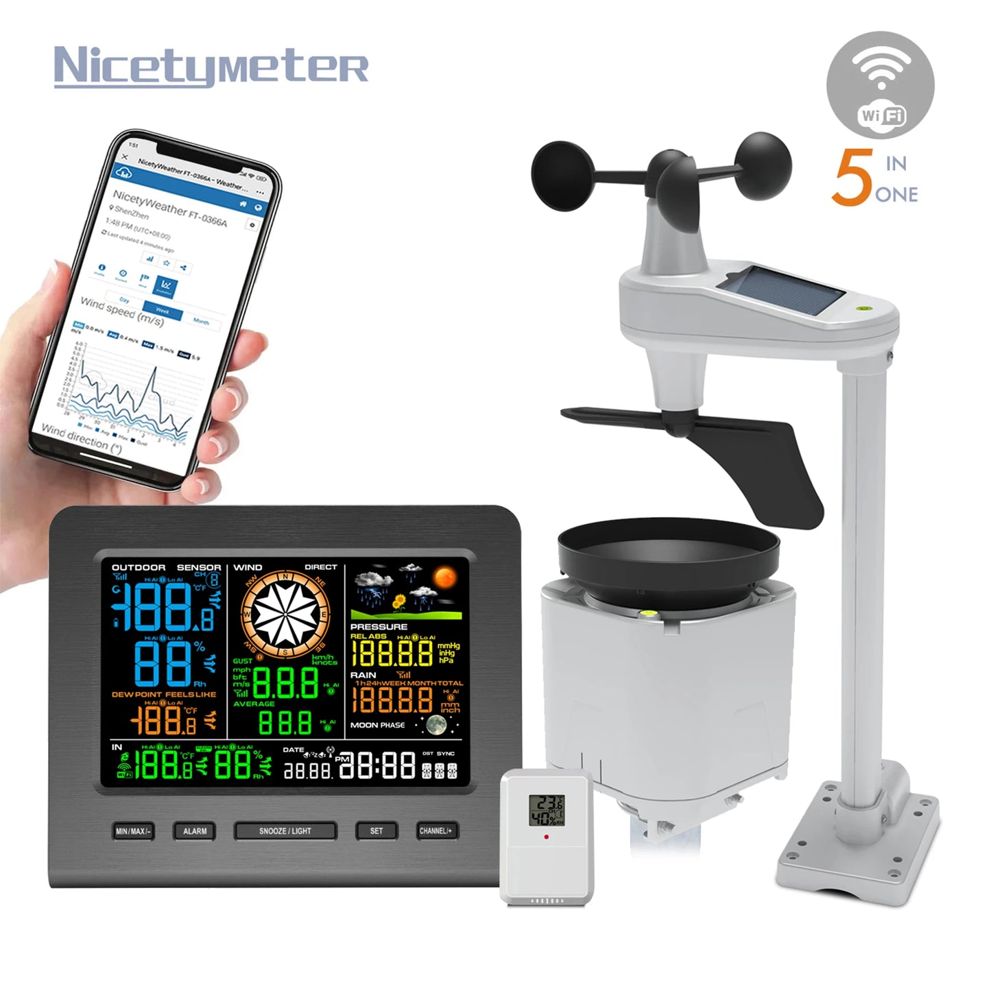 Complete Personal Remote Monitoring Wi-Fi Weather Station Indoor/Outdoor Temp & Humidity Wind Speed Direction Rain Fall Data