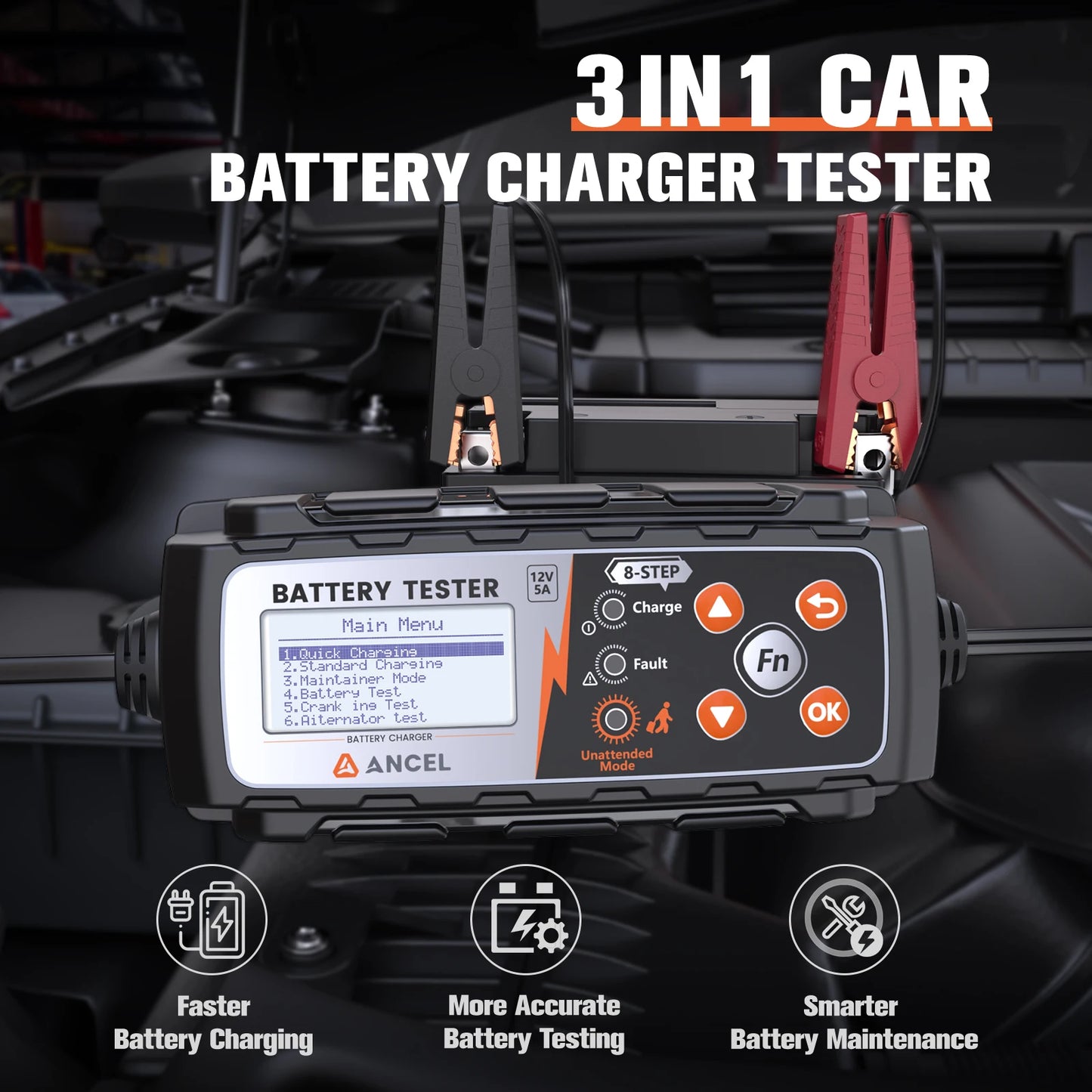 Acculader 12V – Batterijlader – Accu Tester – Accu Onderhoud – 8-Stappen Laadproces – IP65 Waterdicht – Automatische Herstelfunctie