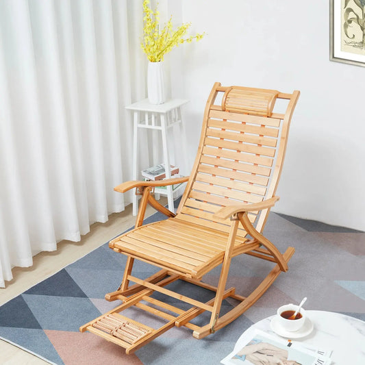Rocking Chair - Rocking Chair for Adults - Foldable - Indoor &amp; Outdoor Bamboo Rocking Chair - With Armrests - Foot Massager - Foot Rest - Portable Deck Lounger - 96x40cm - Wooden Color